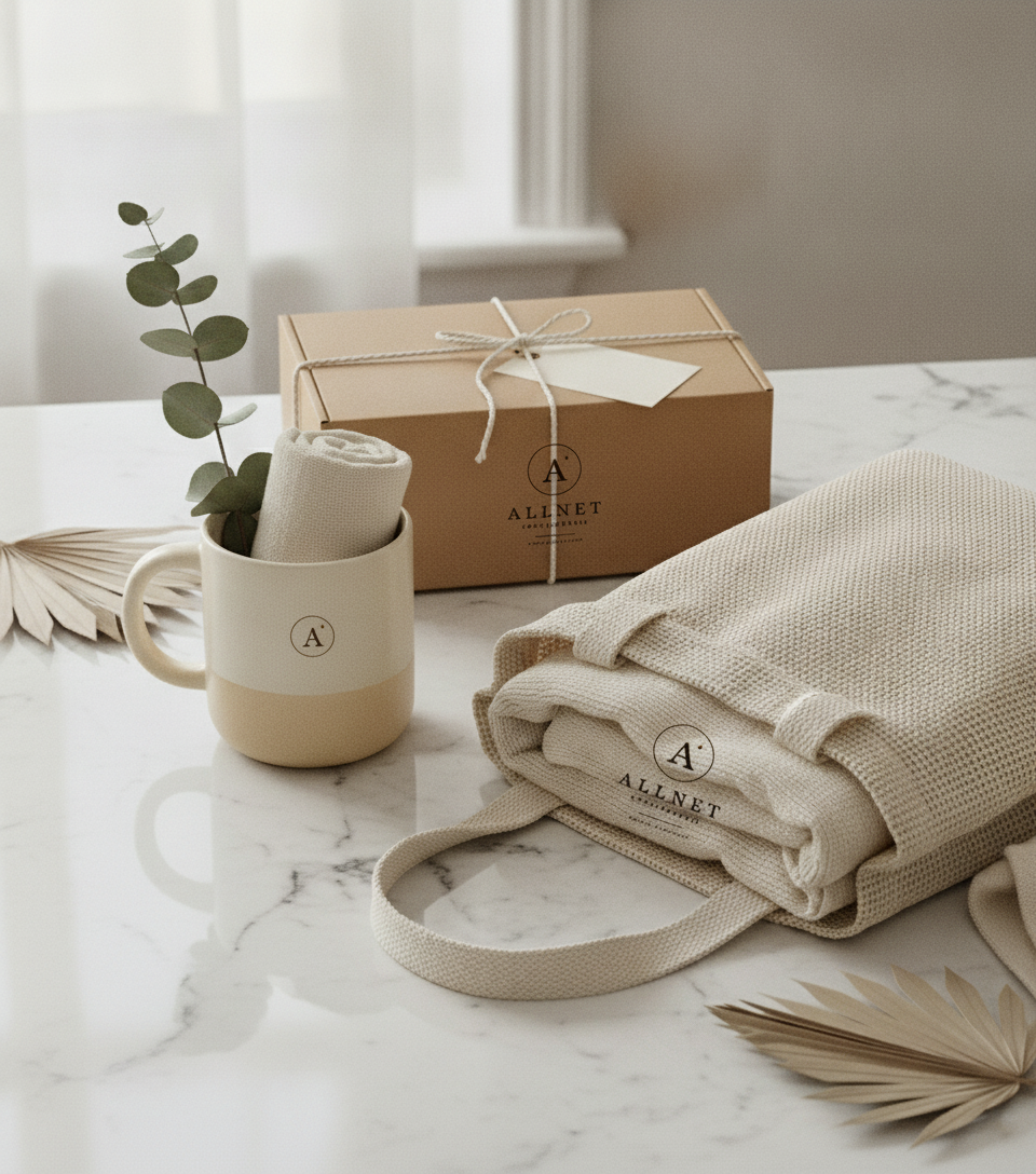Coffret cadeau personnalisé au logo ALLNET : mug, tote bag, boîte