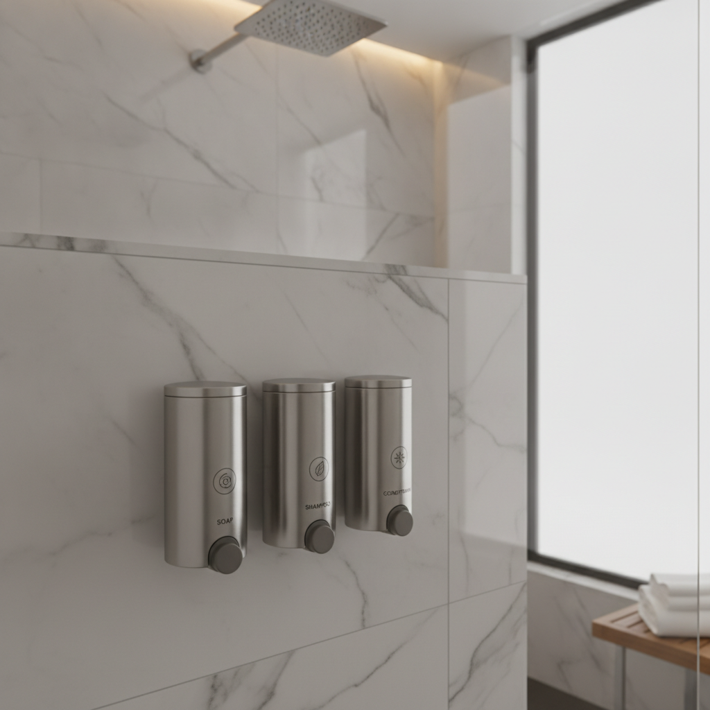 Distributeurs muraux inox dans une douche d'hôtel