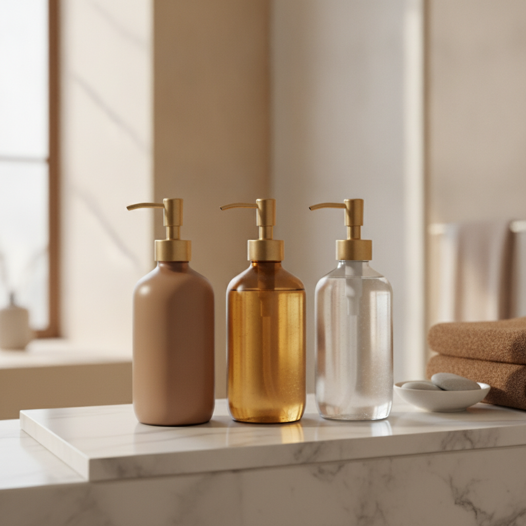 Set de distributeurs assortis savon, shampoing et gel douche sur marbre
