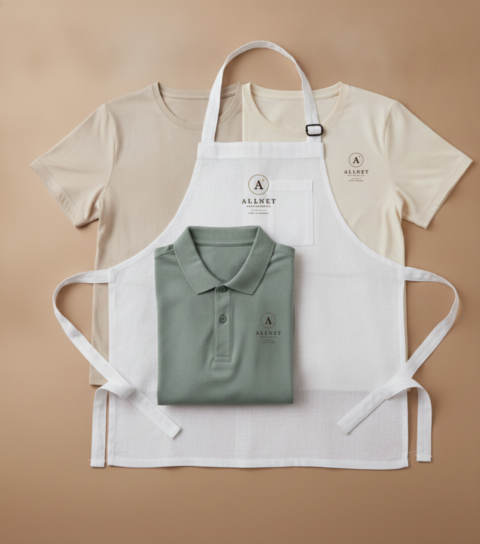 Tenues de travail personnalisées au logo ALLNET : t-shirt, polo, tablier